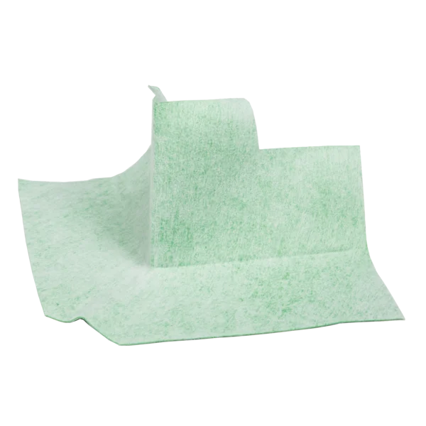 Vliesbeschichtete grüne Codex-Dichtecke für Außenecken — flexibles 12×12-cm-Element nach außen gefaltet.
