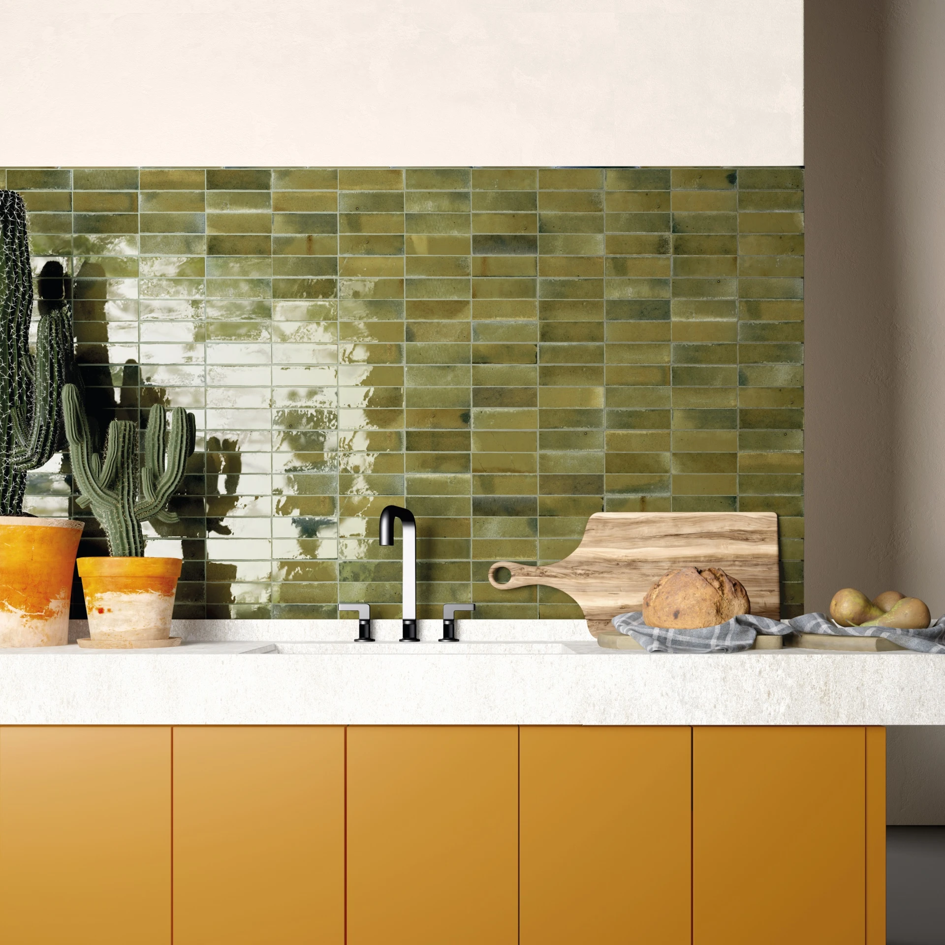 Raumszene mit verlegten Hanoi Wandfliesen in Wild Olive Glasur, Showroom im Vintage Stil.