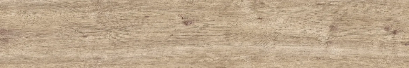 Graubeige Diele in Holzoptik 20×120 cm, matt, mit feiner Längsmaserung, Ästen und rissigen Strukturen.