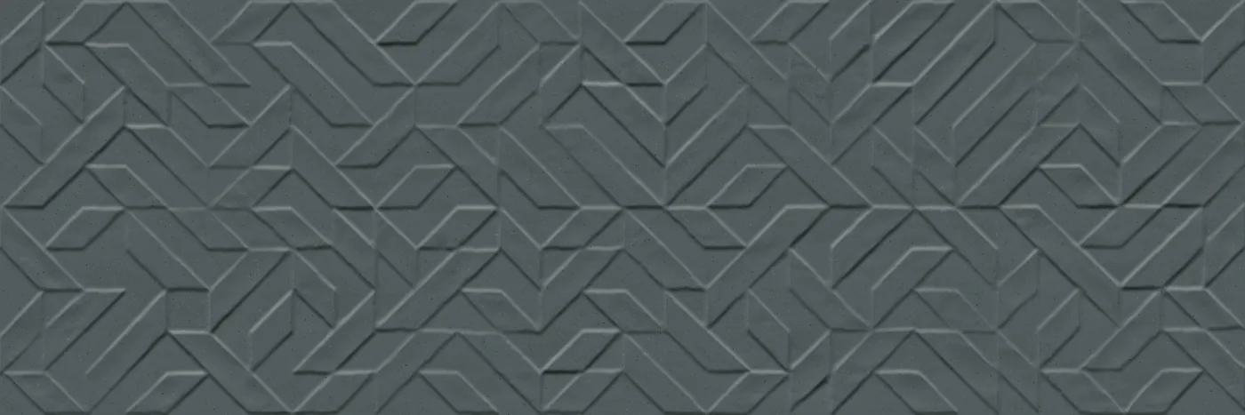 Dunkle blaugraue matte Wandfliese 30×90 cm mit plastischem Relief aus geometrischen Linien Ton in Ton, frontal aufgenommen.