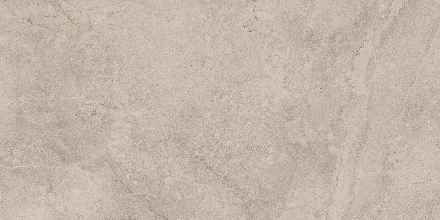 Graubeige Steinoptik-Fliese 60x120 cm, matt, mit feiner heller Aderung und wolkiger Mineralzeichnung.