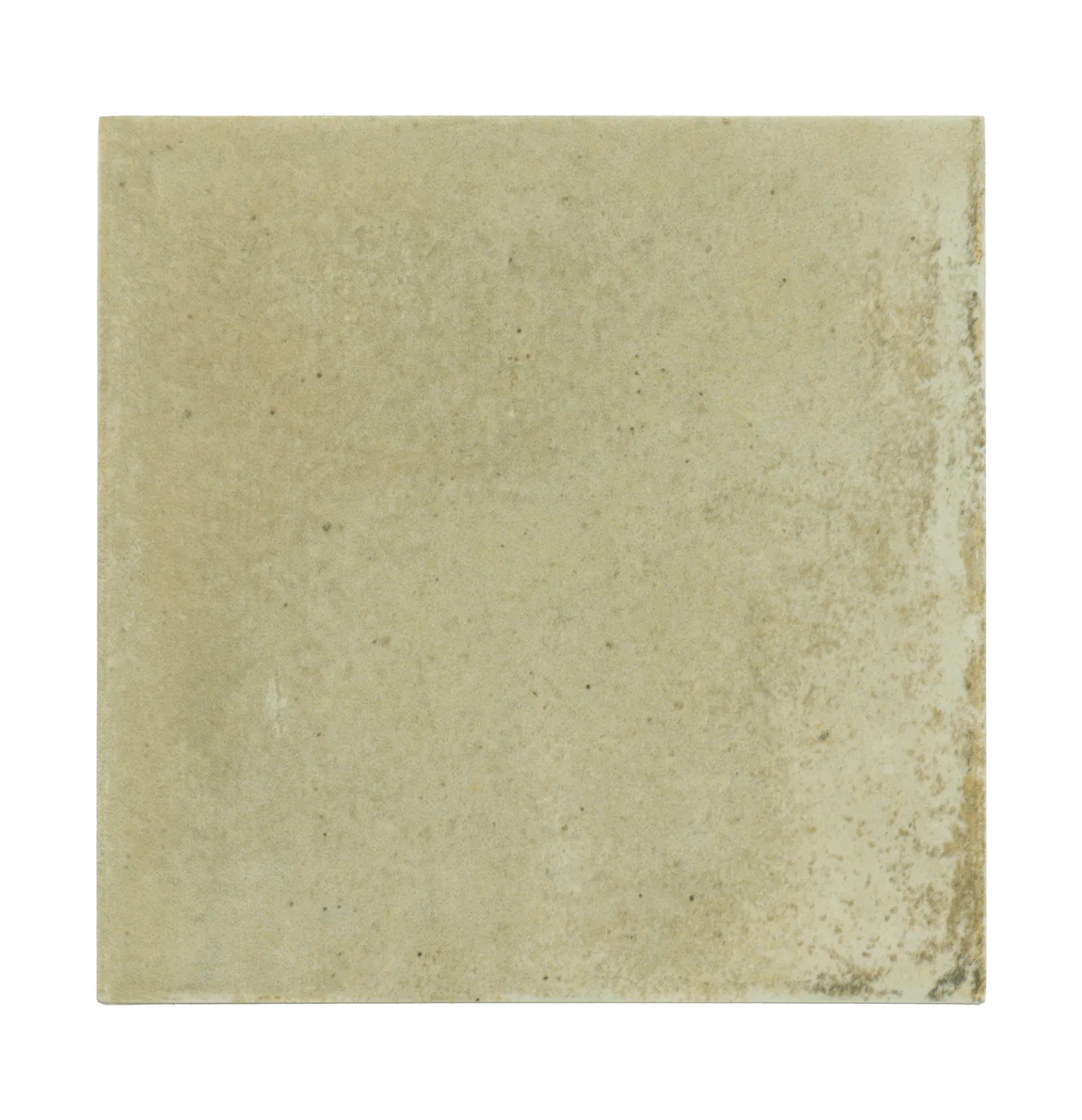 Salbeigrüne matte Keramikfliese 10×10 cm in handgemachter Zellige-Optik mit changierender, lebendiger Lasur.