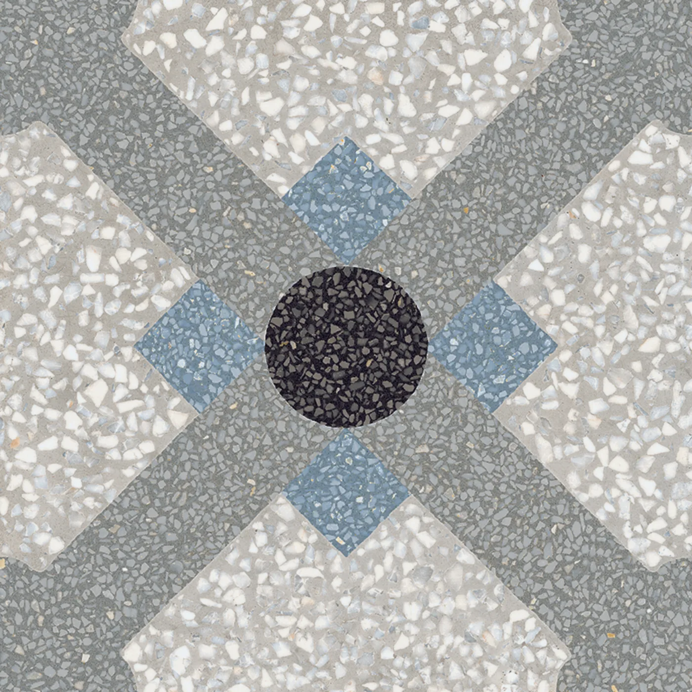 Terrazzo-Dekorfliese 20x20 cm, graues Diagonalkreuz mit schwarzem Kreis und blauen Rauten in der Mitte auf hellem Grund.
