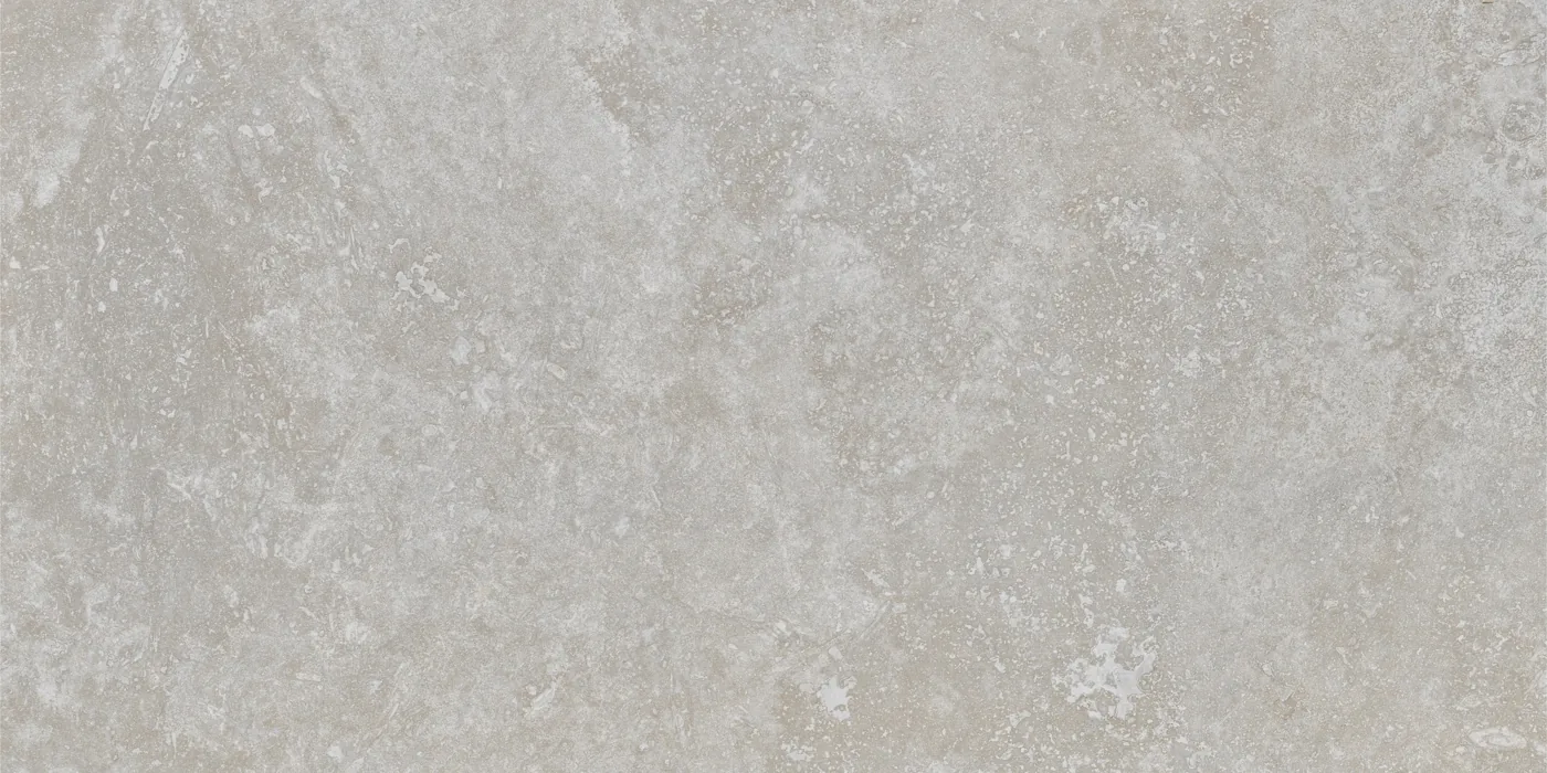 Graue Steinoptik-Fliese 60x120 cm, mattes Finish, wolkige Maserung mit hellen Sprenkeln über die Fläche.