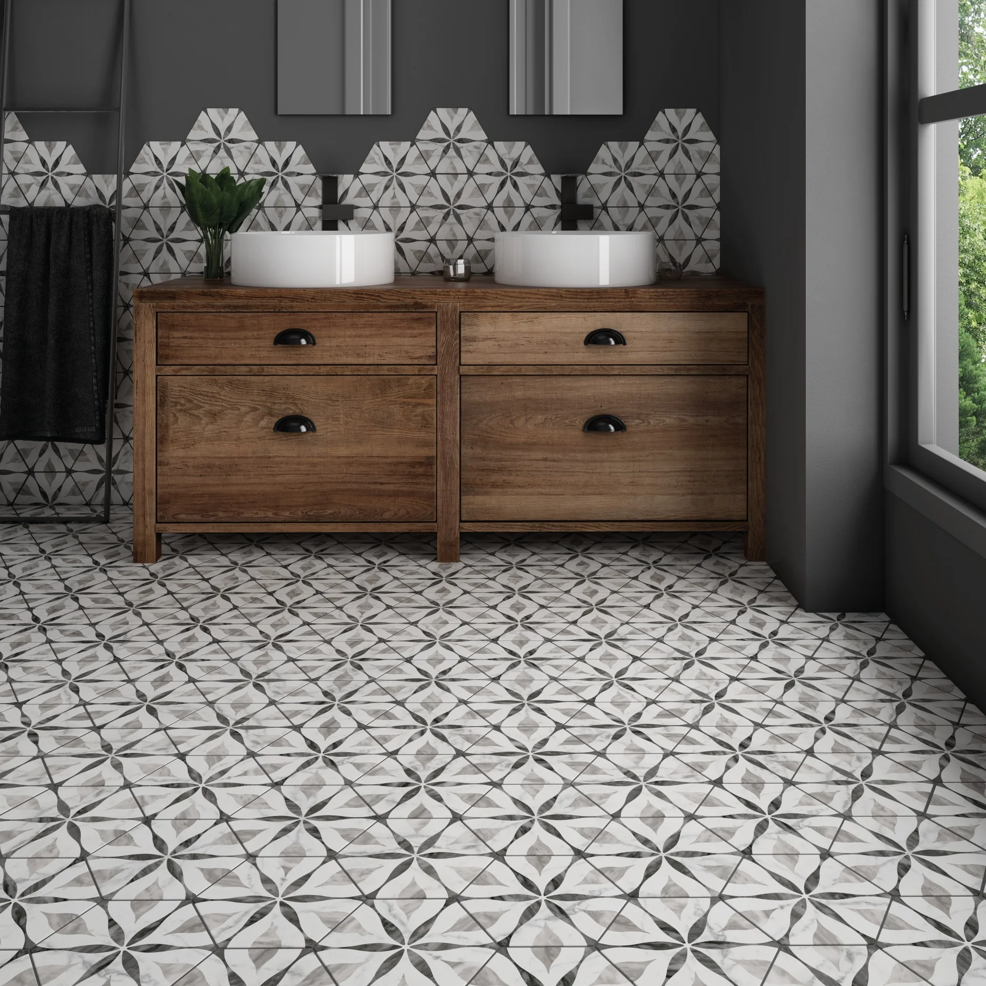 Raumszene mit verlegten Hexagon-Fliesen 17,5×20 cm in graue Marmor-Optik mit Blütenmuster, modern eingerichtetes Interieur.