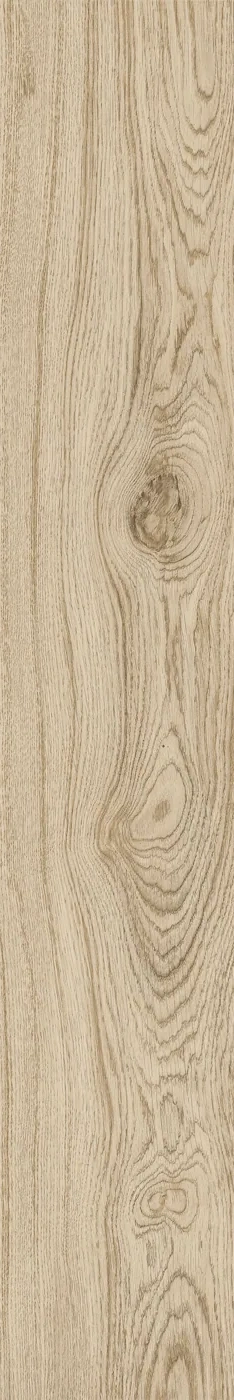 Helle sandbeige Holzoptik-Fliese mit Astlöchern und feiner Maserung, 20x120 cm, Draufsicht