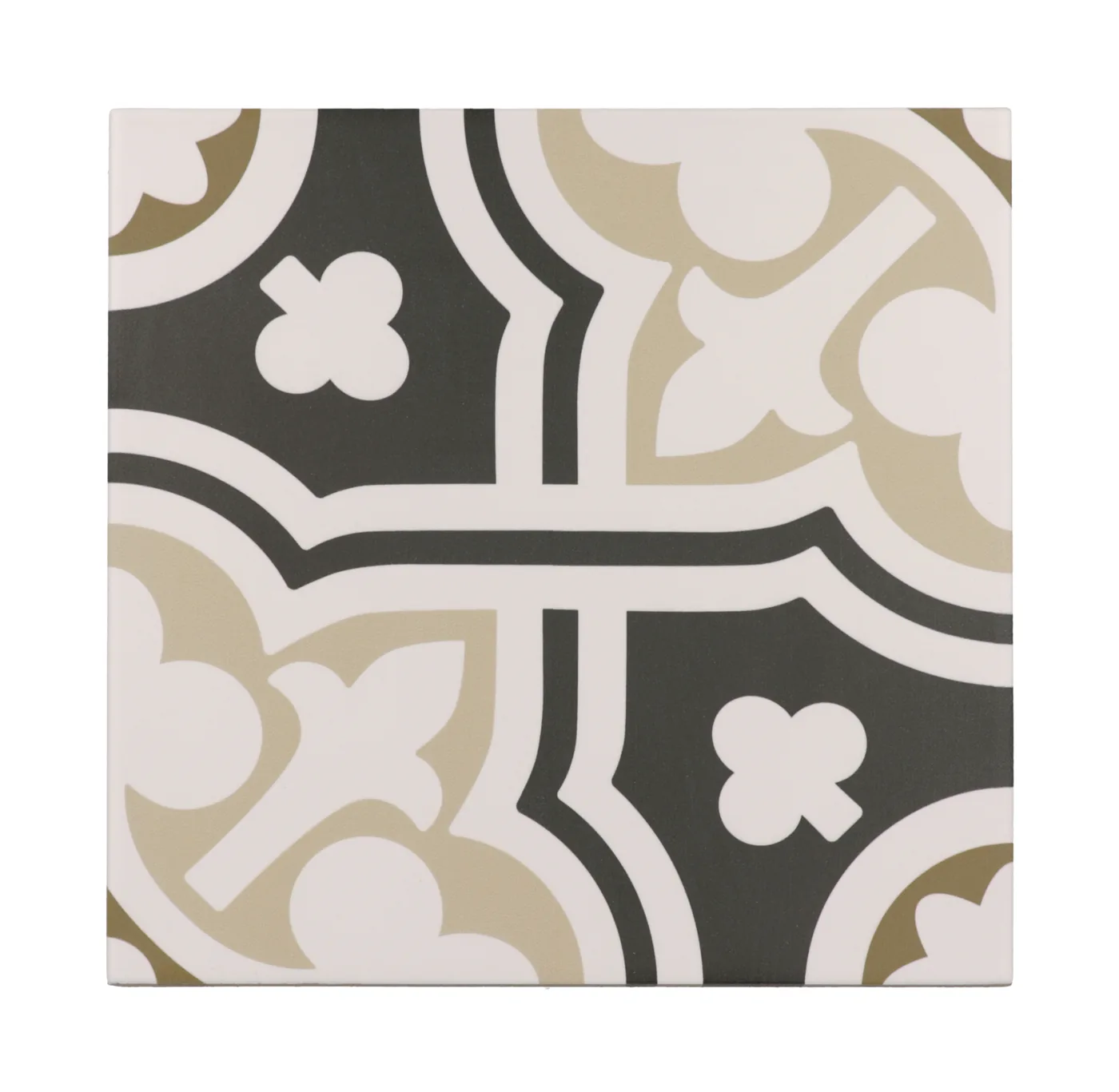 Ornamentmuster in Schwarz und Beige auf cremeweißem Grund mit floralen Formen, quadratische Fliese, matt.
