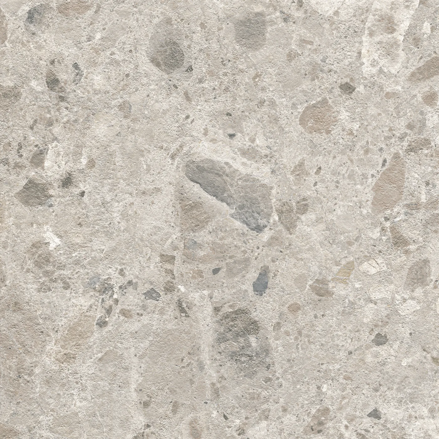 Graue Fliese 60×60 cm in Terrazzo-Optik mit hellen und dunkelgrauen Steinsplittern unterschiedlicher Größe.