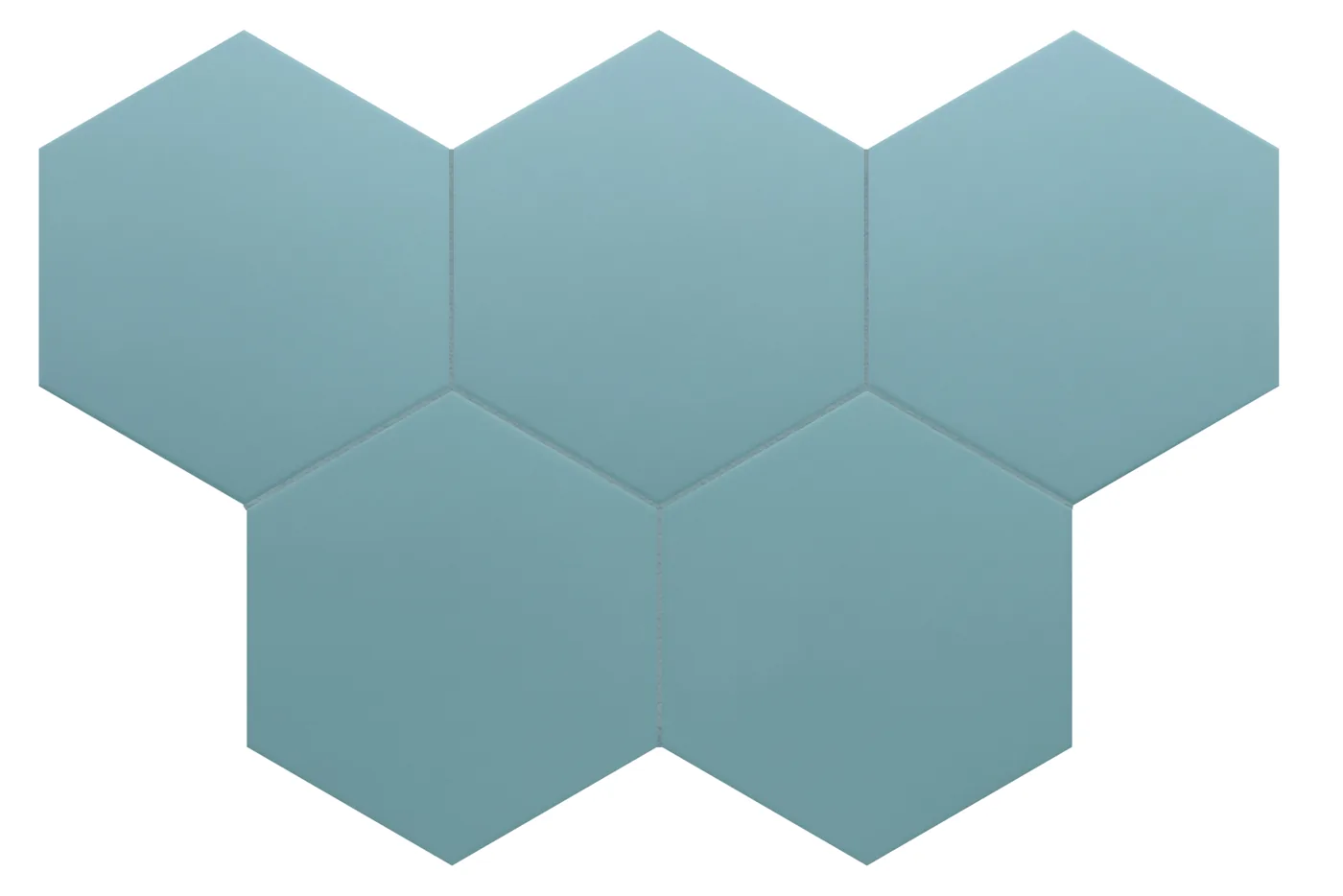 Sechseckige Fliese in mattem Petrolblau, mehrere Hexagons im Wabenmuster mit ruhiger einfarbiger Oberfläche.