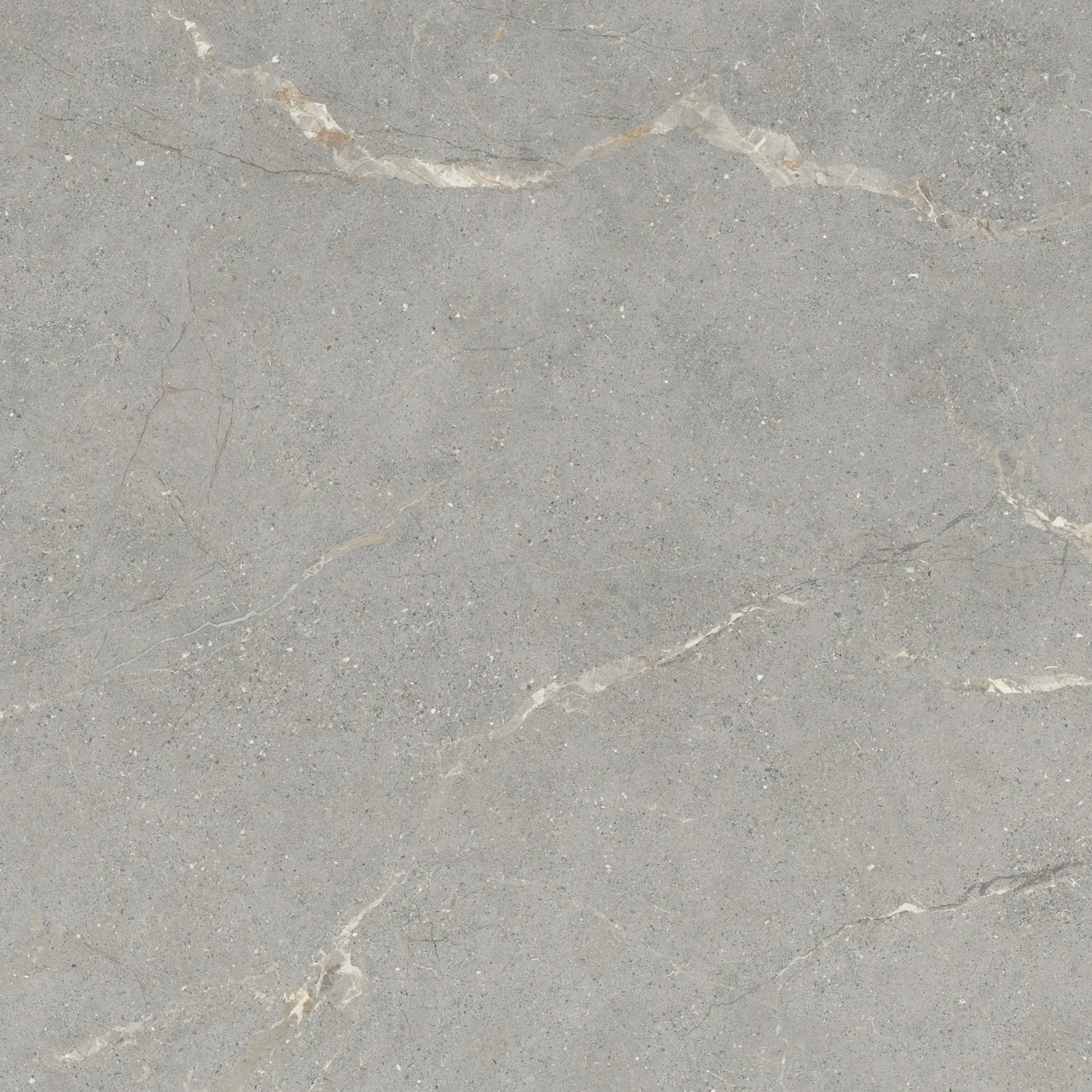 Hellgraue Fliese in Steinoptik 120×120 cm in mattem Finish, mit vereinzelten weißen Adern über die ganze Fläche.