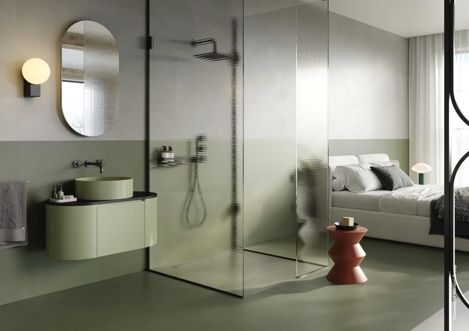 Bad mit graugrünem Boden, grauer Wandfläche oben, Riffelglas-Dusche und grünem Waschtisch