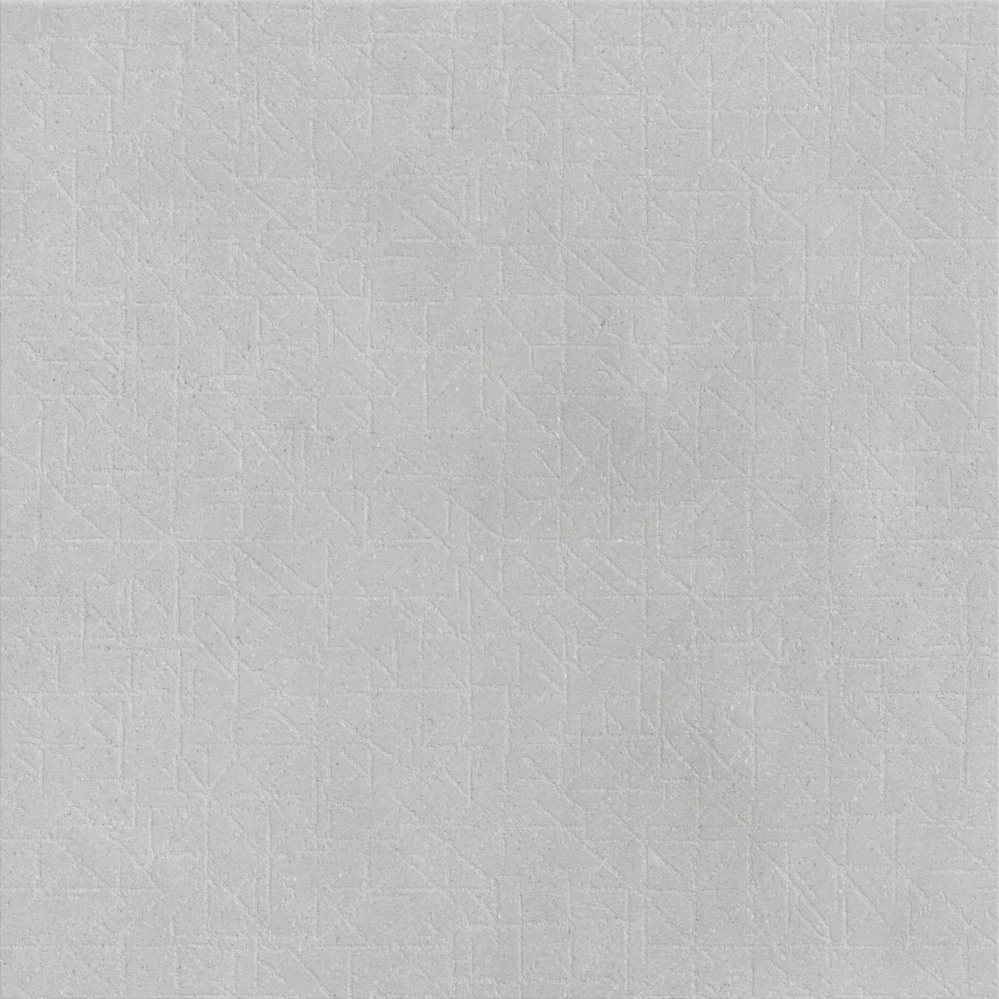 Hellgraue Betonoptik-Fliese 75x75 cm mit feinem geometrischem Linienmuster aus Dreiecken auf der Fläche, matt.