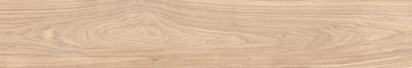 Cremebeige Holzoptik-Fliese 20x120 cm mit zarter Längsmaserung in hellen Braun- und Grautönen.