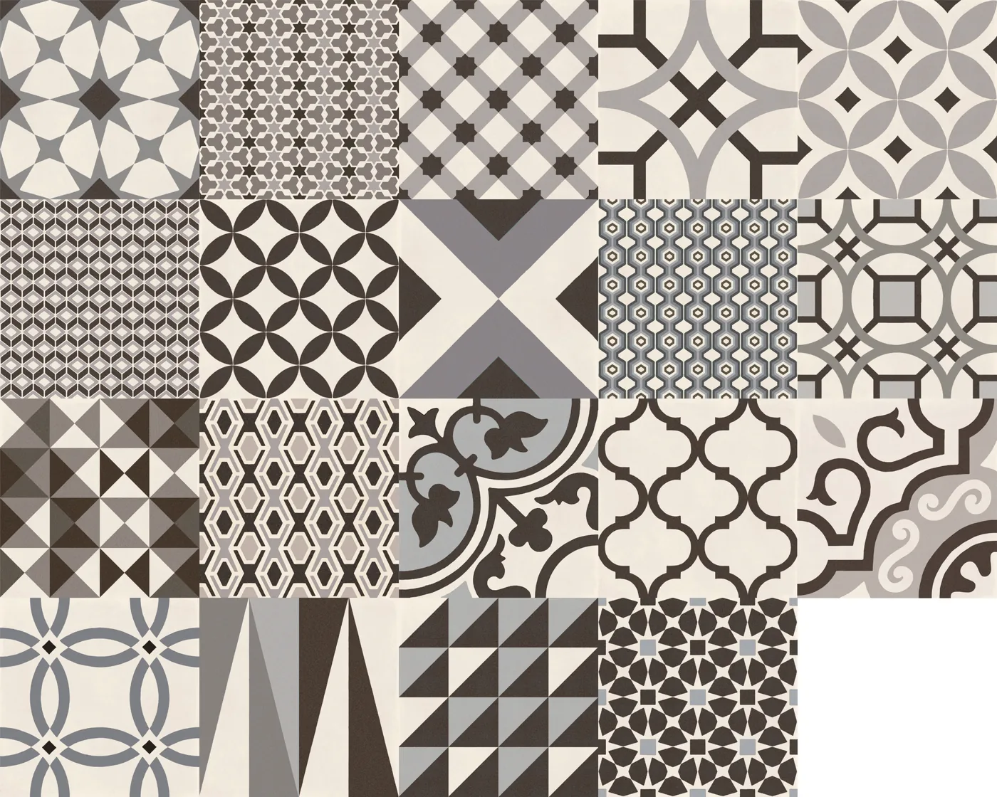 Quadrat-Fliese 20x20 cm, matt, als Patchwork vieler kleiner Muster in Grau, Anthrazit und Weiß.