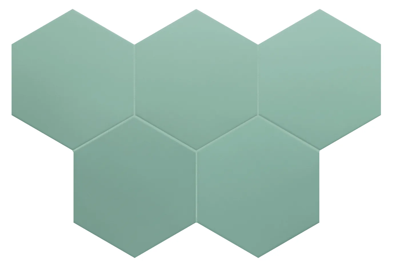 Sechseckige Fliese in mattem Jade-Grün, mehrere Hexagons im Wabenverband mit ruhiger einfarbiger Oberfläche.