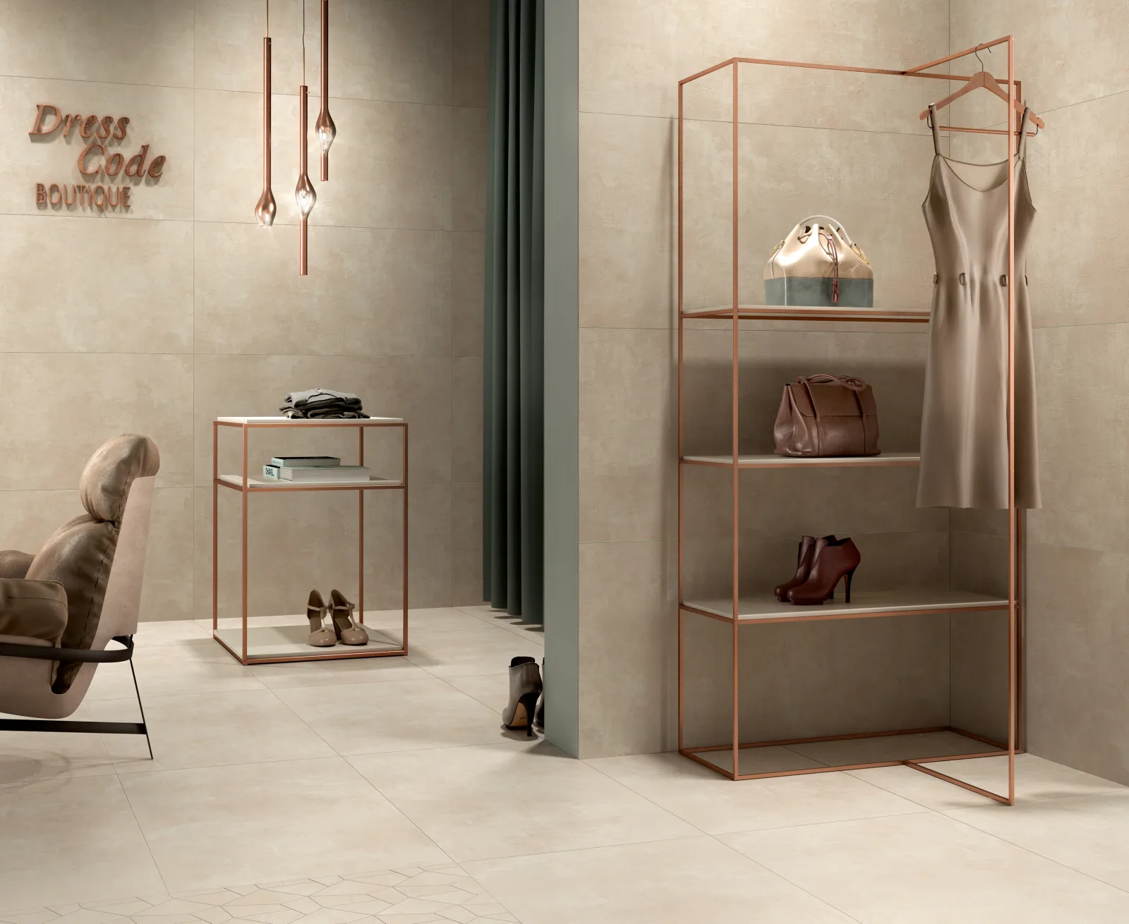 Boutique mit Kleiderstangen und beigem Steinoptik-Boden, Naxos Pictura Tivoli 60x120 cm.