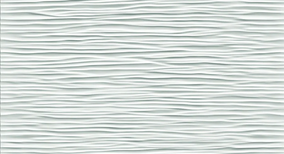 Weiße Wandfliese 30,5×56 cm mit mattem 3D-Relief aus feinen, horizontal verlaufenden Wellenlinien.