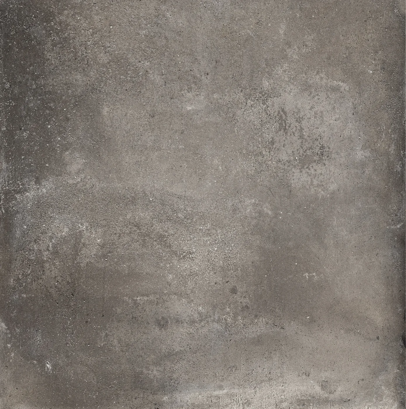 Betonoptik-Fliese 80x80 cm in mittlerem Grau, wolkig marmoriert mit helleren Aufhellungen, matt.
