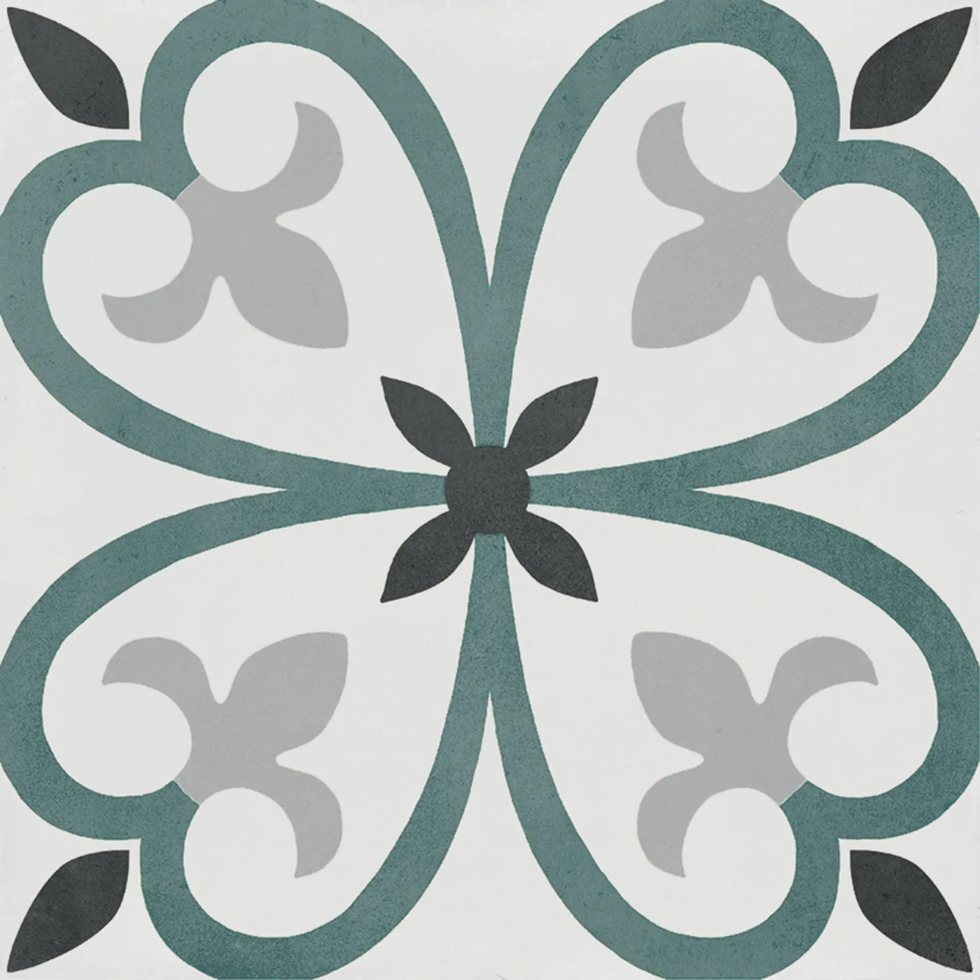 Quadrat-Fliese 20x20 cm, matt, petrolfarbene Rosette mit grauen Lilienblättern und schwarzen Spitzen auf Weiß.