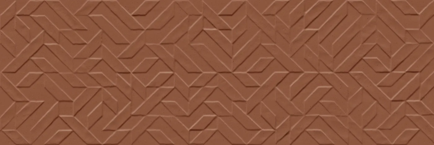 Terrakottafarbene matte Wandfliese 30×90 cm mit plastischem Relief aus geometrischen Linien Ton in Ton, frontal aufgenommen.