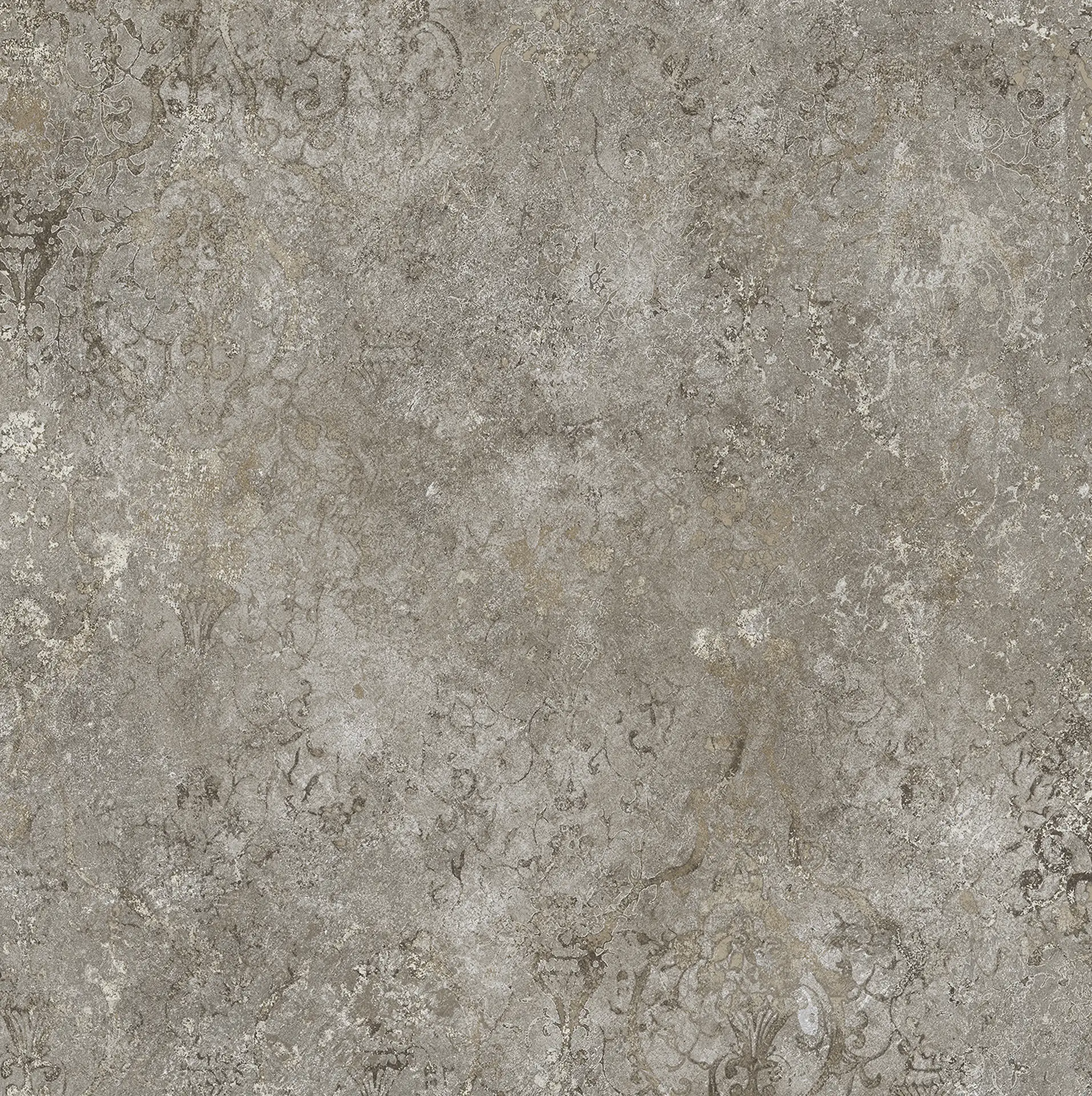 Graubraune Steinoptik-Fliese 120×120 cm, matt, mit verblasstem Ornamentmuster und Kalkflecken.