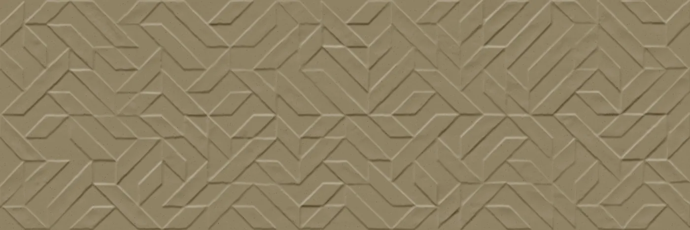 Olivgrüne matte Wandfliese 30×90 cm mit plastischem Relief aus geometrischen Linien Ton in Ton, frontal aufgenommen.