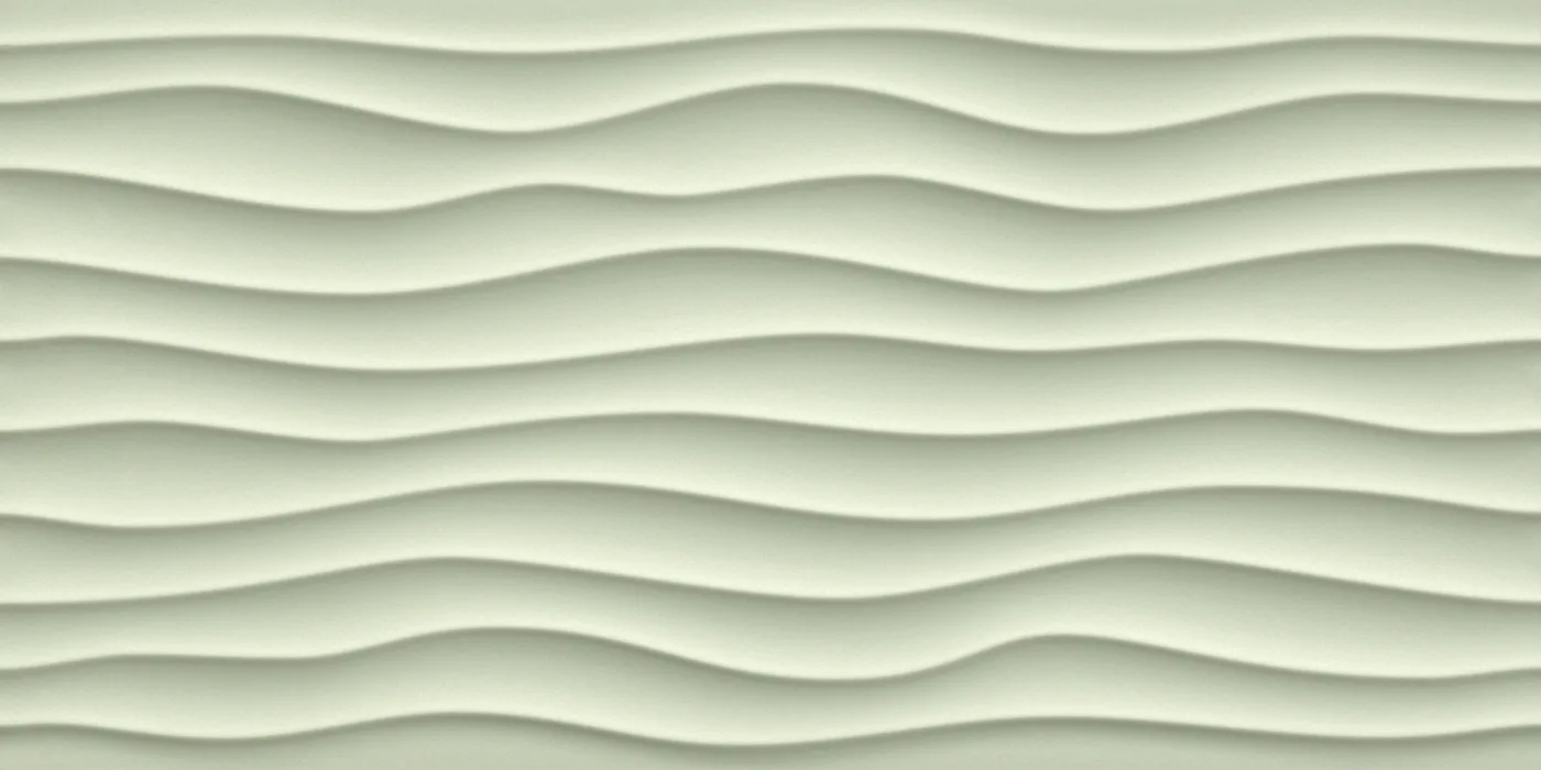 Salbeigraue Wandfliese 40×80 cm mit mattem 3D-Relief aus fließenden, dünenartigen Wellen.