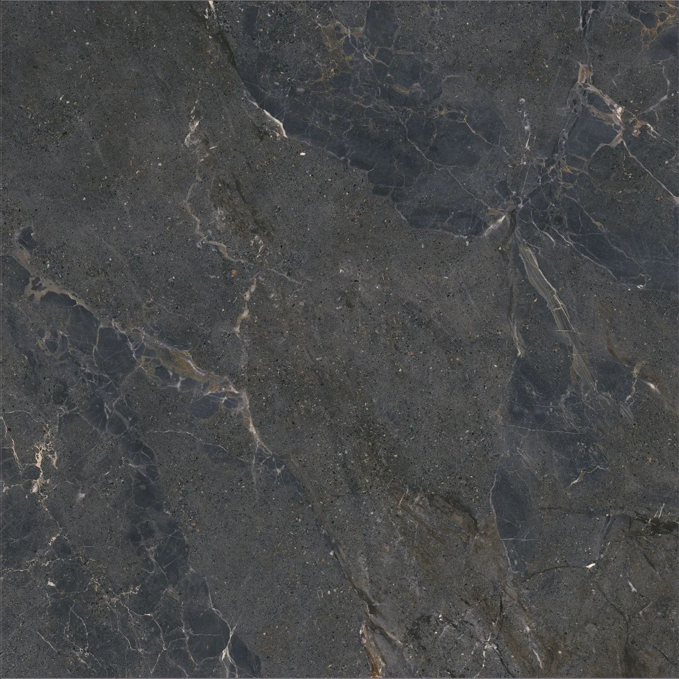 Anthrazitgraue Fliese in Marmoroptik 120×120 cm in seidenmattem Finish, mit hellen und rostfarbenen Adern.