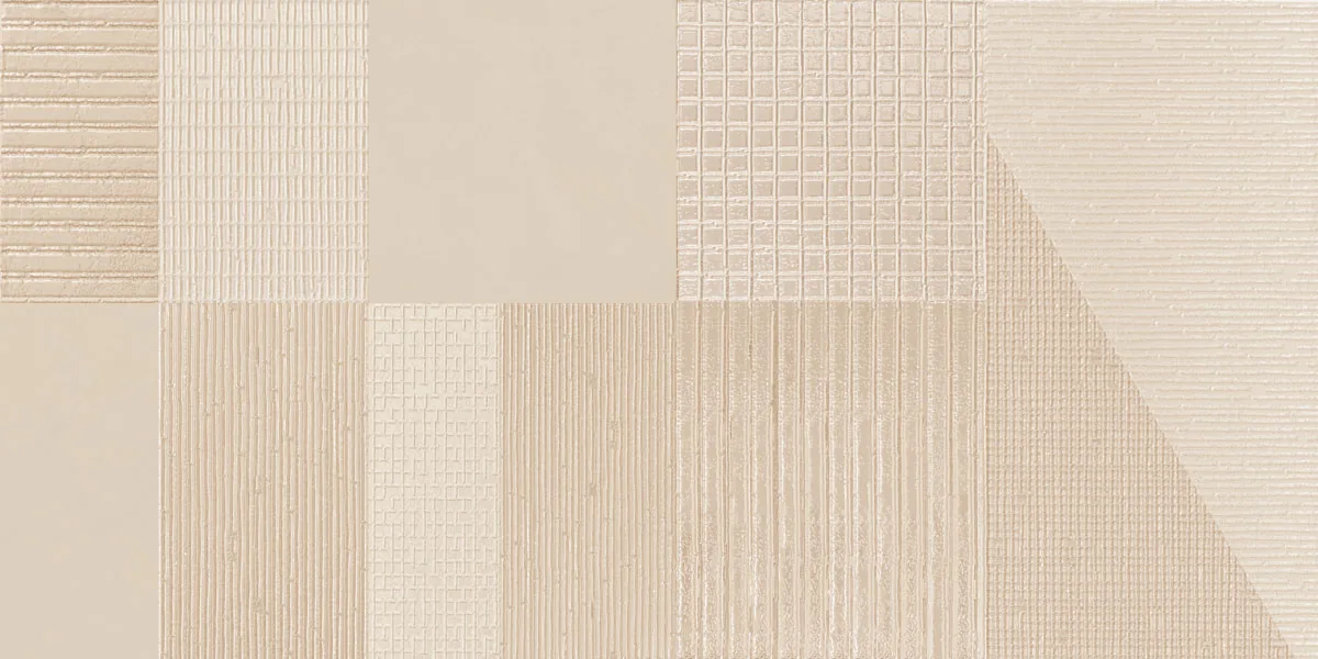 Beige Dekorfliese 60×120 cm im Patchwork aus Feldern mit Rillen-, Raster- und Strichrelief und einem Diagonalfeld