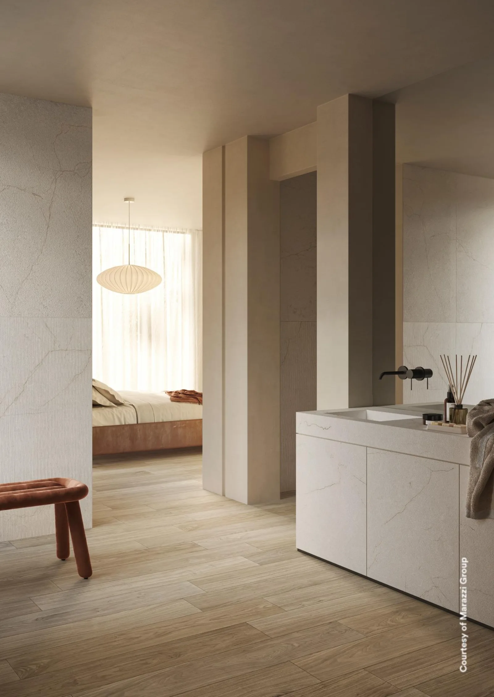 Waschtisch-Bereich mit Durchblick ins Schlafzimmer, Boden in Holzoptik Noce Sbiancato 20x120 cm
