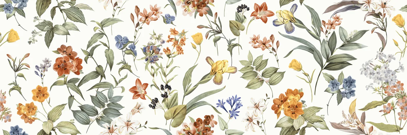 Weiße Wandfliese im Langformat mit bunten Wildblumen in Orange, Blau, Gelb und Rot zwischen grünen Blättern.