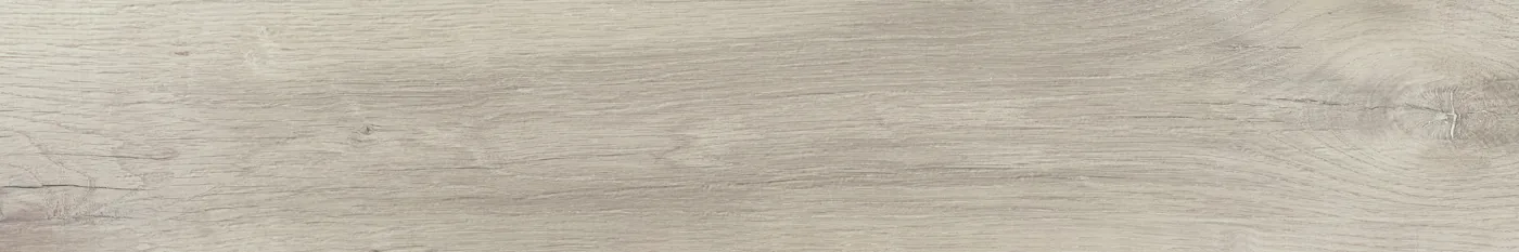 Einzelne Fliesendiele 15x90 cm in hellem Graubeige mit feiner Holzmaserung und mattem Finish, Draufsicht.