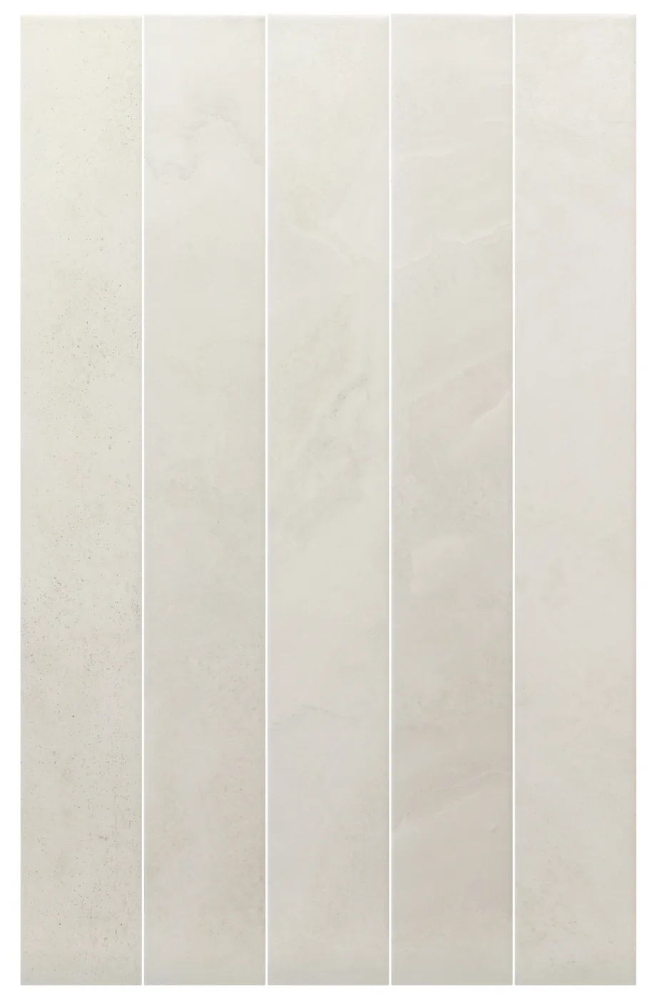 Equipe Marmoris White: funf matte Riemchen 7,5x60 cm in Cremeweiss mit zarter Marmormaserung, frontal.