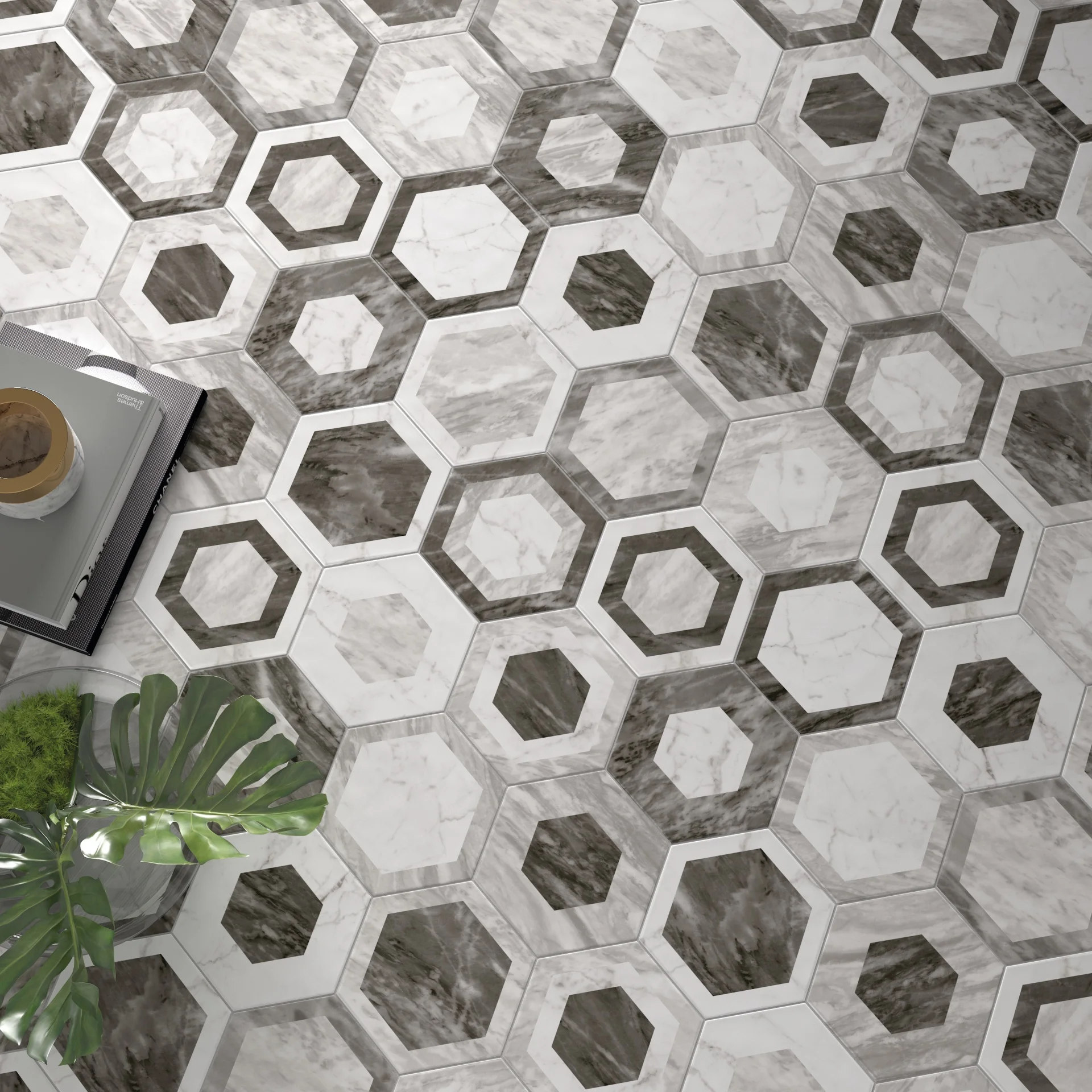 Raumszene mit verlegten Hexagon-Fliesen 17,5×20 cm in graue Marmor-Optik mit Geo-Muster, modern eingerichtetes Interieur.