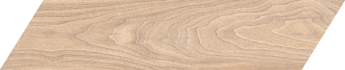 Hellbeige Holzoptik-Fliese 11x54 cm als schräg geschnittenes Chevron-Element mit geschwungener Maserung.
