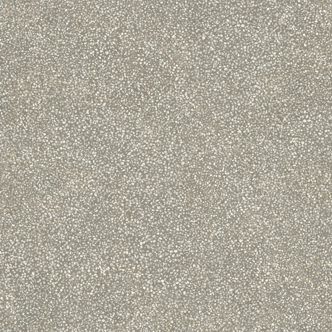Warmgrau-grünliche Terrazzo-Fliese 120×120 cm, matt, mit hellen, dicht gestreuten Marmorsplittern über die Fläche.