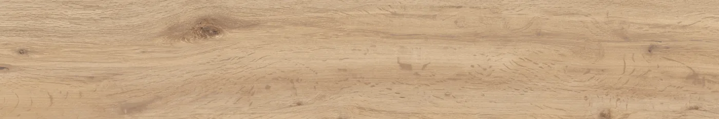 Holzoptik-Diele 14,5x90 cm in goldbraunem Ton mit rustikalen Rissen und großem Astauge oben links.
