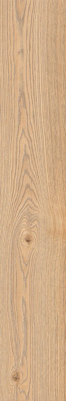 Holzoptik-Fliese 20×120 cm in warmem Honigton mit fließender Maserung, grauen Adern und zwei Astaugen
