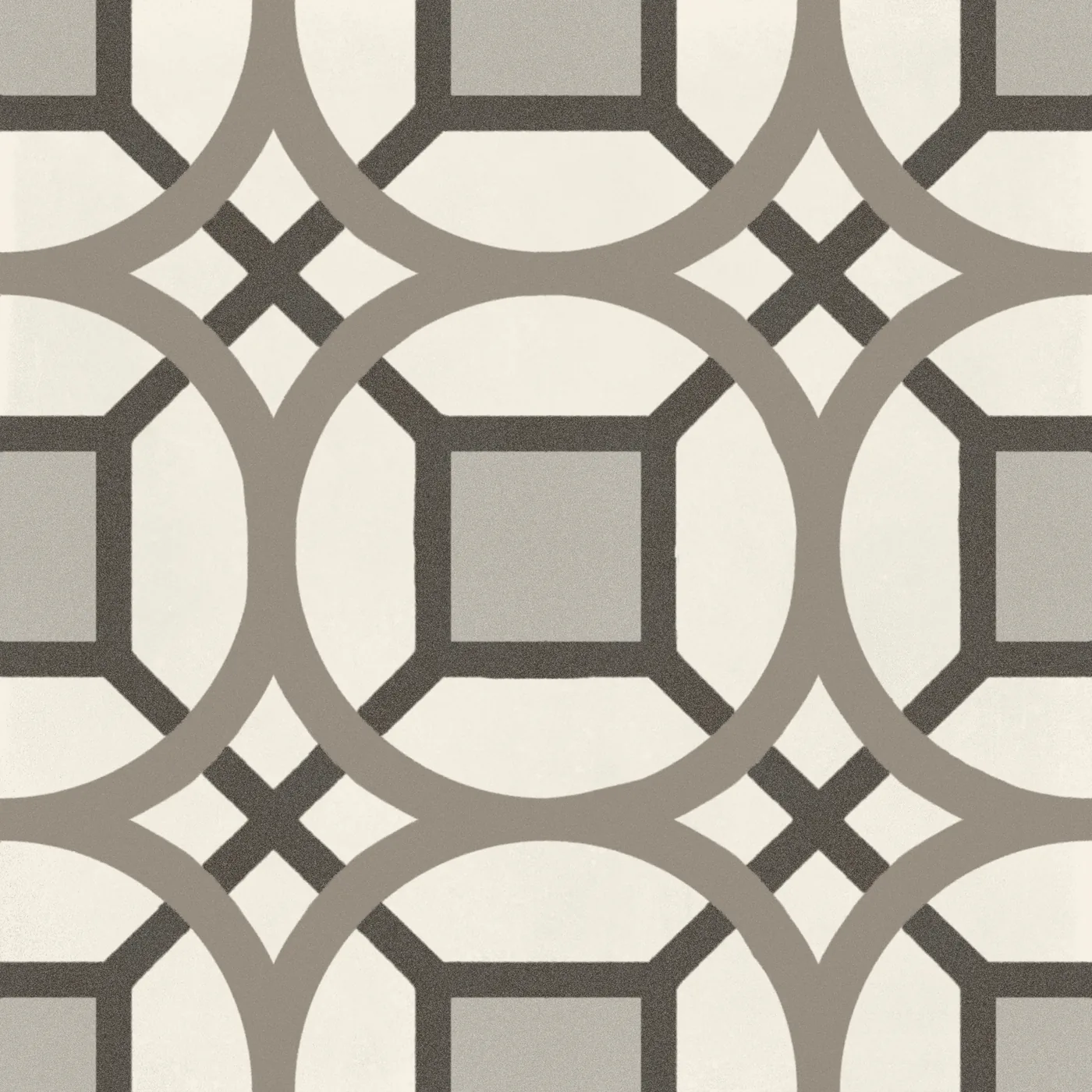 Quadrat-Fliese 20x20 cm, matt, mit taupefarbenem Ring- und Quadratmuster auf cremeweißem Grund.