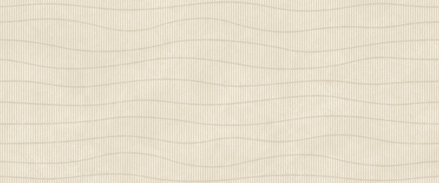 Sandbeige Betonoptik-Fliese 50×120 cm mit dichten senkrechten Rillen in welligem Linienverlauf.