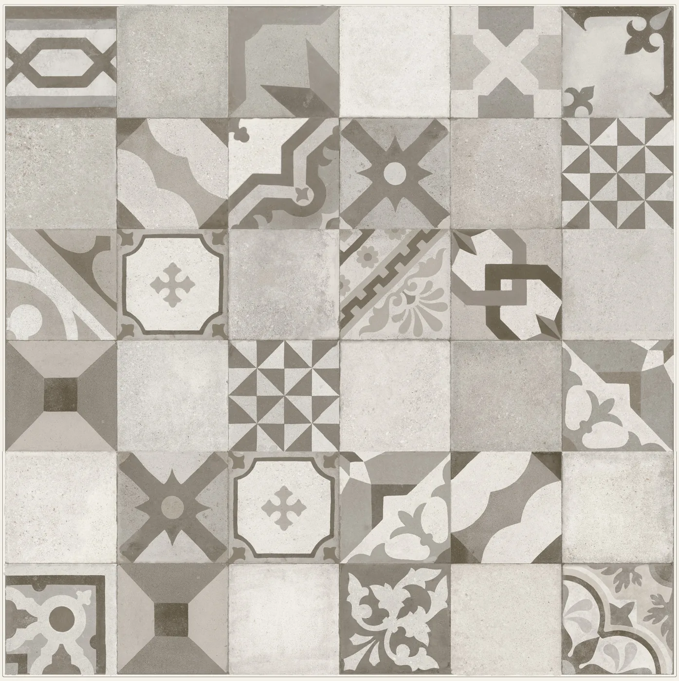 Dekor-Wandfliese 30x90 cm im Zementfliesen-Look, Patchwork aus Ornamenten und Unis in Weiß, Grau und Taupe