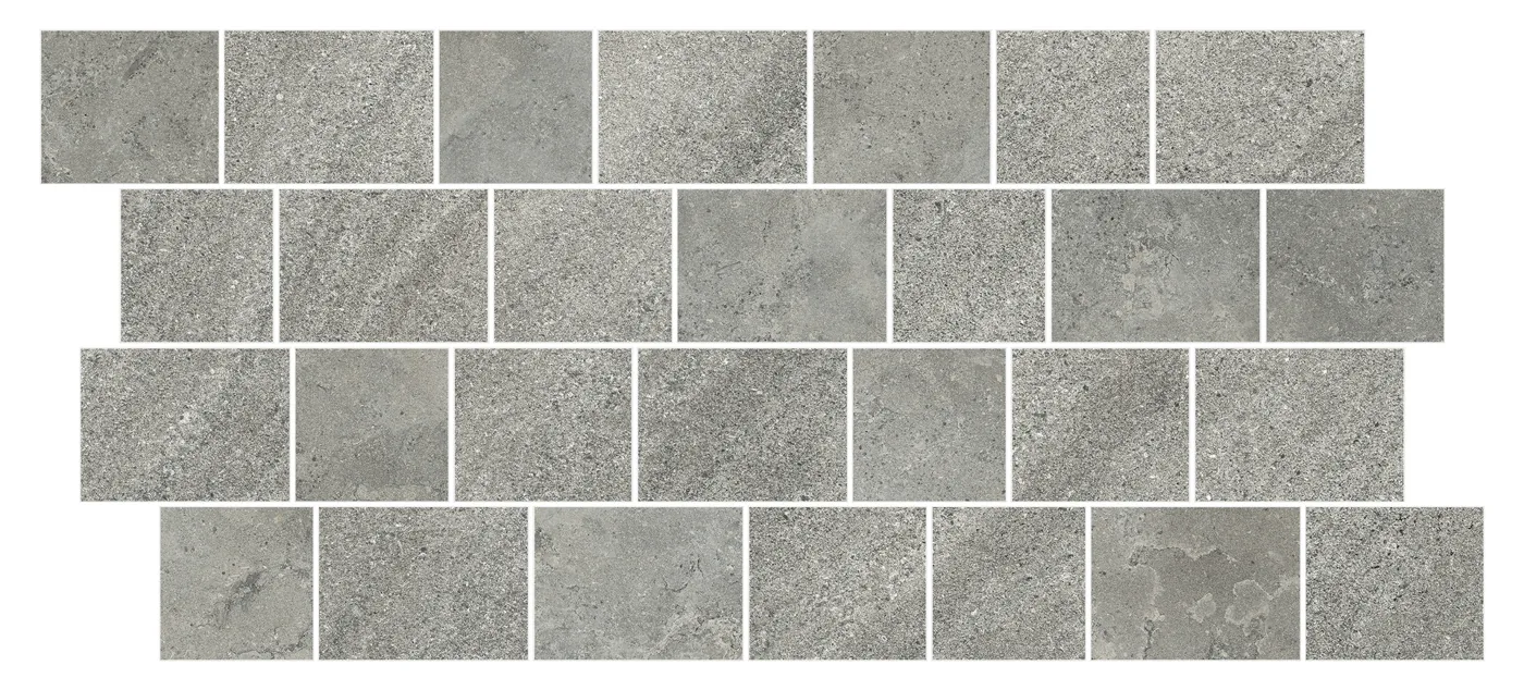 Mosaik aus versetzten Rechteckstücken in grauer Steinoptik auf Netz, 28,4×59,4 cm, in matter Oberfläche