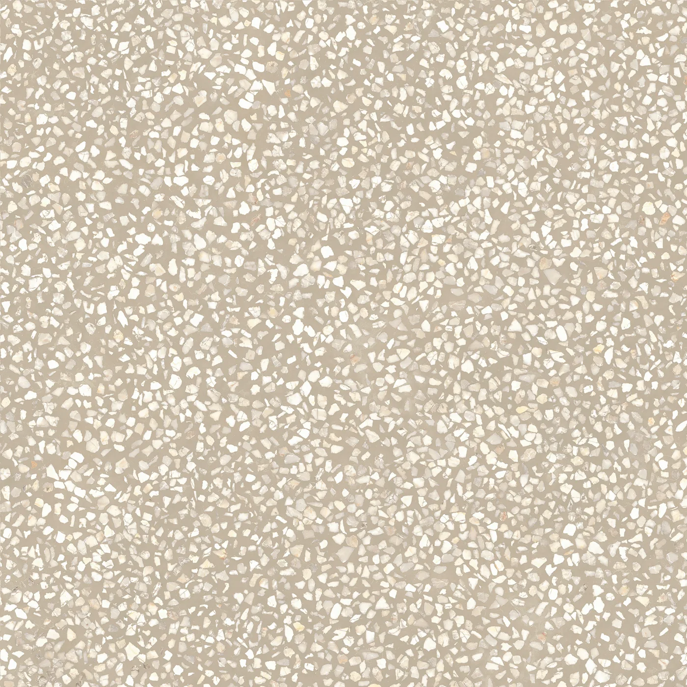 Sandbeige Terrazzo-Fliese 60×60 cm, matt, mit dicht gestreuten cremeweißen Marmorsplittern über die Fläche.