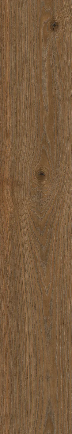 Holzoptik-Fliese 20×120 cm in dunklem Nussbraun mit dichter Längsmaserung und zwei Astaugen rechts