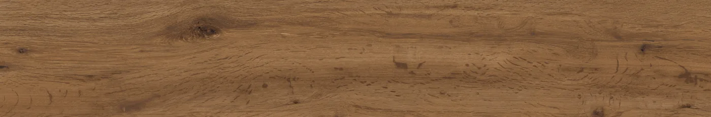 Holzoptik-Diele 14,5x90 cm in kräftigem Warmbraun mit rustikalen Sägespuren, Rissen und dunklen Astaugen.