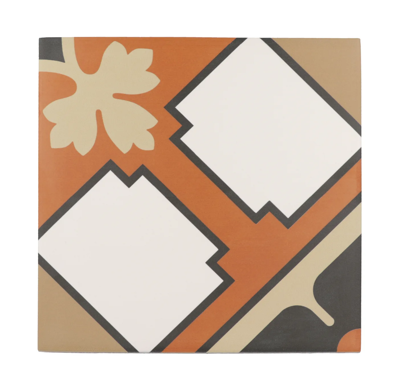 Diamantmuster in Orange und Creme mit weißen Rauten und dunklen Konturen, quadratische Fliese, matt gehalten.