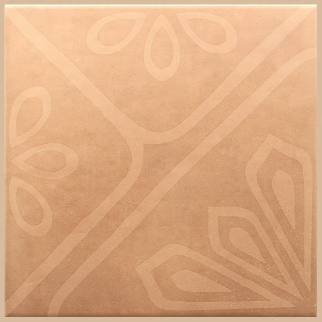 Terrakotta-Dekorfliese 20×20 cm mit hellem geometrischem Ton-in-Ton-Ornament, matt.