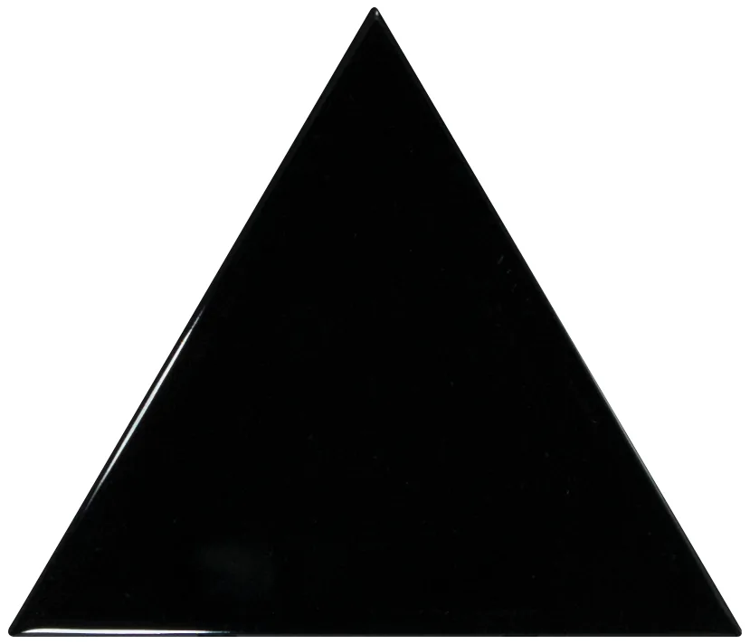Dreieckige Wandfliese in Schwarz, glänzend glasiert, Format 10,8x12,4 cm, mit gleichmäßig deckender, blickdichter Oberfläche.