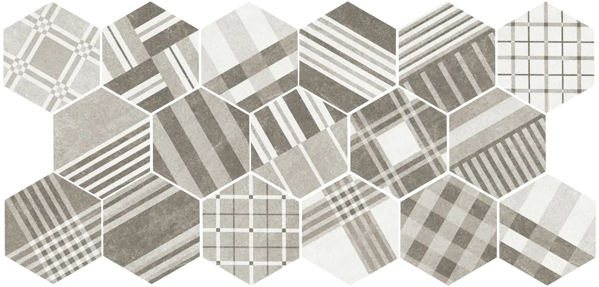 Sechseckfliese mit grauem geometrischem Patchwork-Muster aus gemischten Linien und Formen, matt, 17,5×20 cm.