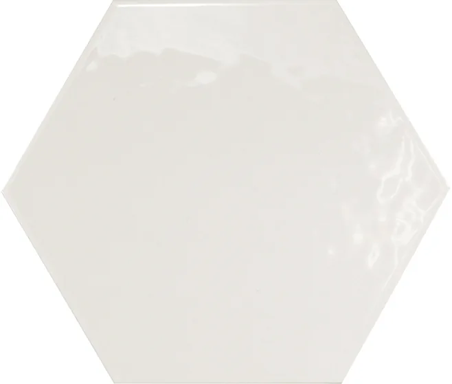 Equipe Hexatile Blanco Brillo: sechseckige weiße Wandfliese mit glänzender, leicht welliger Oberfläche, 17,5x20 cm.